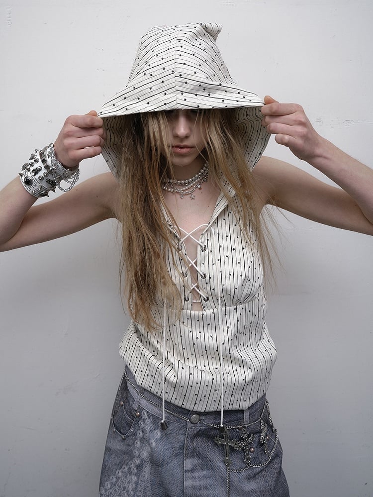 Print Top White Star Pattern Lace-up Sleeveless Hoodie Striped Detail