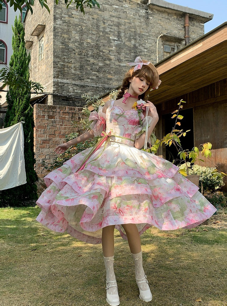 Pink Rhododendron Print Lolita Three Layers High-low Skirt - Deer-seeking Letter Lolita