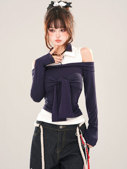 Marineblaues Patchwork-Top mit Krawattenakzent und Cut-Out-Schulter