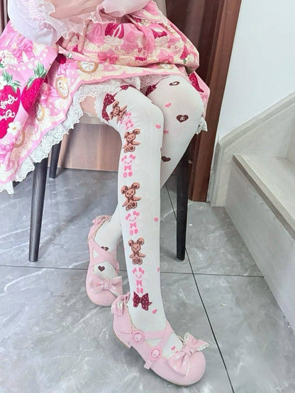 Stockings Accents) White Style Teddy (Color: Pink/Burgundy Bow Pattern with Bear Lolita