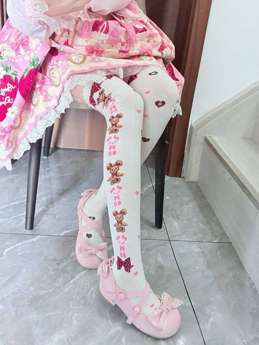 Stockings Accents) White Style Teddy (Color: Pink/Burgundy Bow Pattern with Bear Lolita