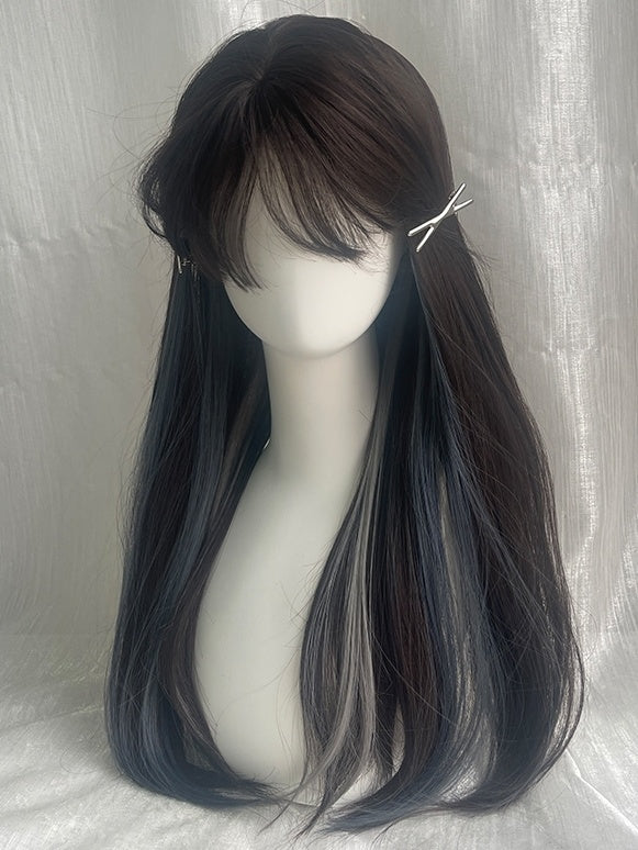 Graue und blaue Highlights, lange, glatte Kunsthaarperücke mit Pony