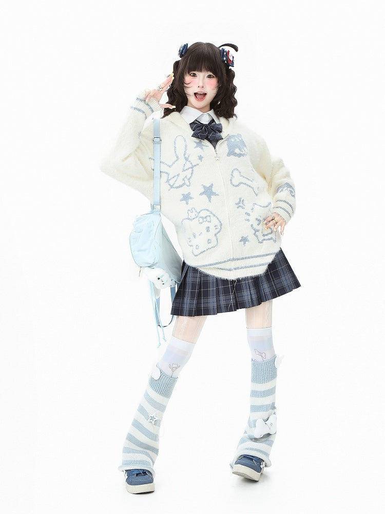 Patterns White/Black Hood Cat Animal Ear Plush Jacket with Adorable