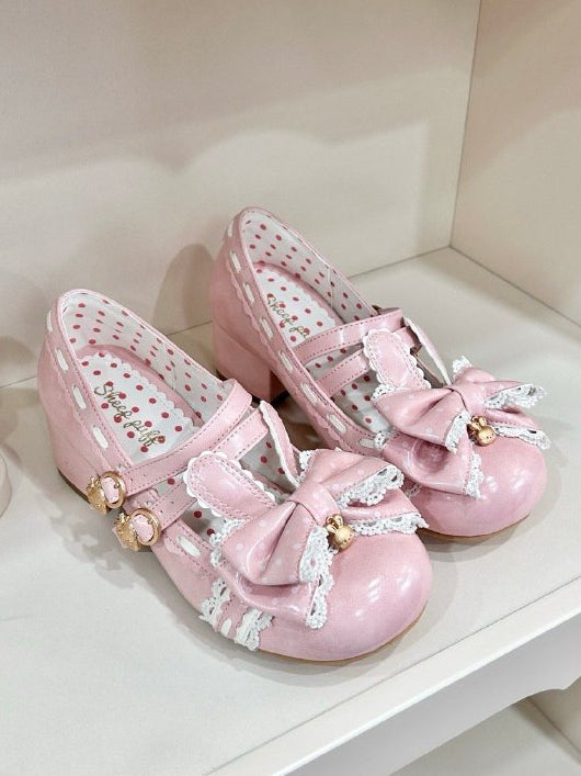 Mary in Lolita Bow Ruffle Sweet PU Janes Pink Rabbit-themed Mid-heel Trim with