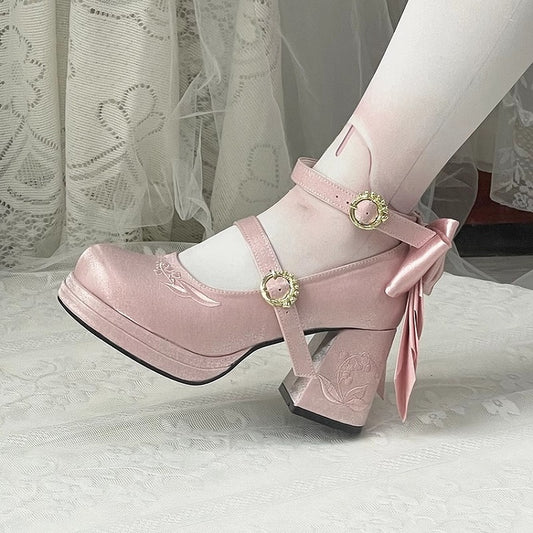 ピンクバレーヒール、取り外し可能なジェーンズ刺繍、メアリーリボンリリーミドル