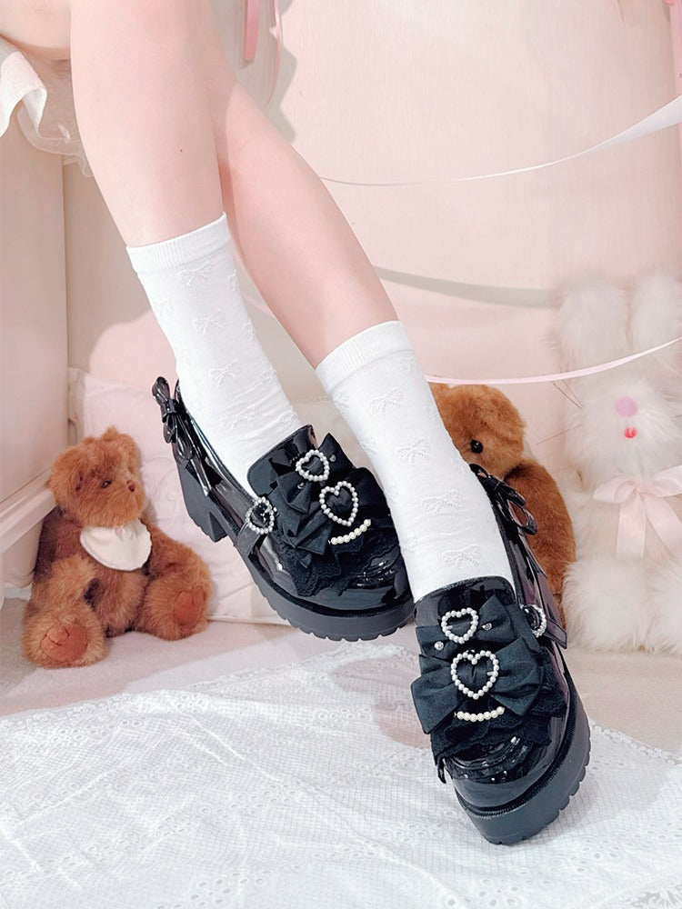 Jirai Kei Pearl Heart Bowknot Lace Ruffle Sneakers - Transfer Student