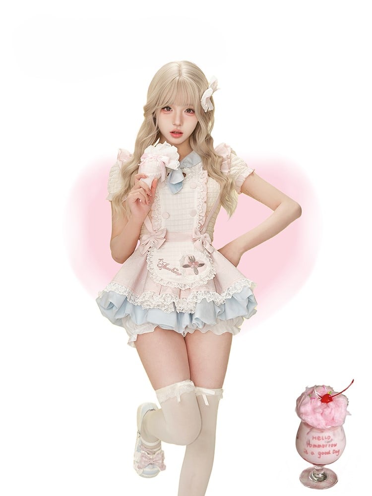 Apron Embroidered Pink Cutlery with Bubble Design Overall Skirt Blue