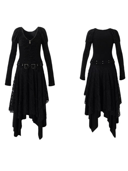 Black Dress Sleeve Knit with Waist Punk Hem Tiered Handkerchief Juliette Studded