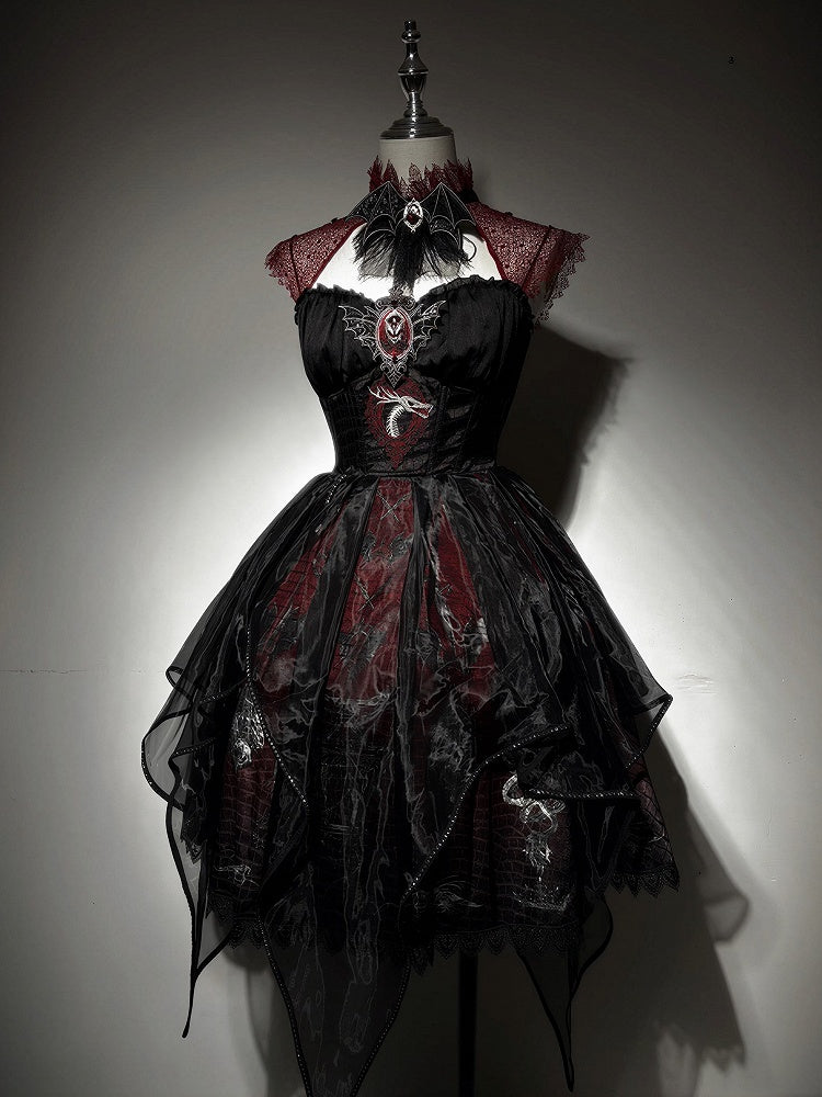 Black & Red Bone Dragon Embroidery Halter Neck Gothic Lolita Dress Set - Ying Luo Fu