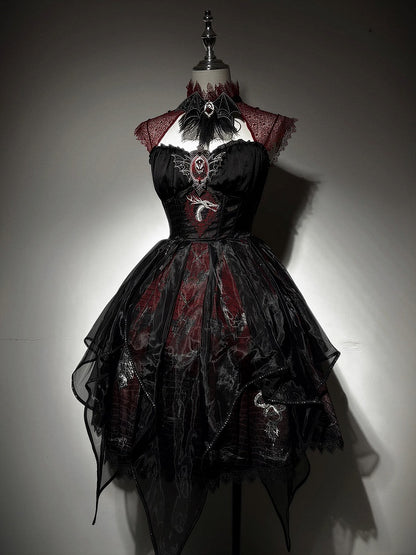 Black & Red Bone Dragon Embroidery Halter Neck Gothic Lolita Dress Set - Ying Luo Fu