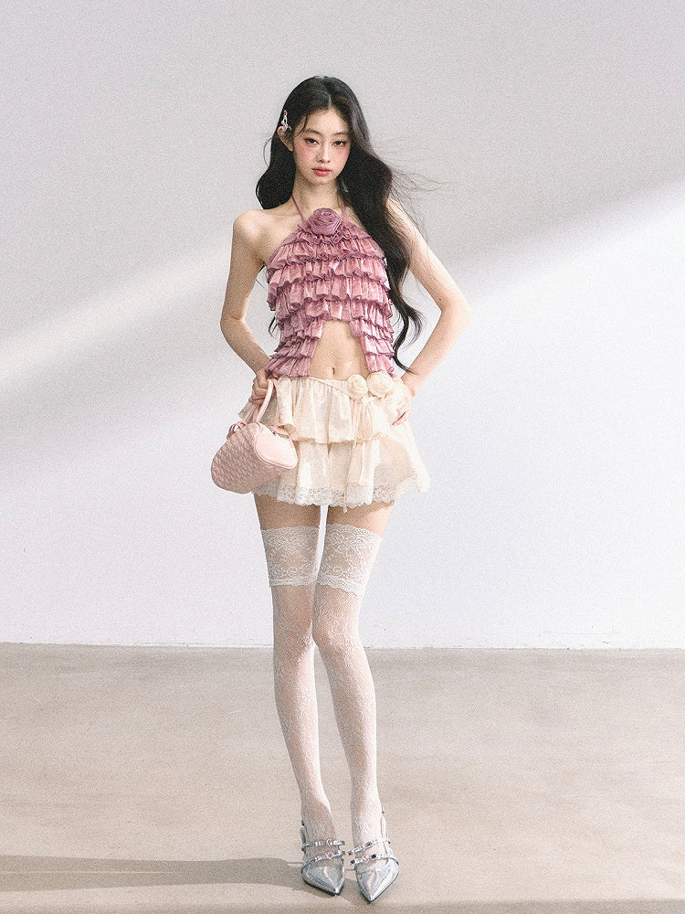 Halter Neck Top Apricot/Pink Decorated Tiered Ruffles Floral