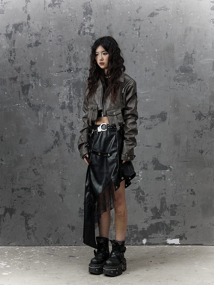 Asymmetrical Black Punk PU Skirt With Studded Belt  Lace Accents