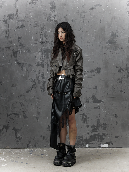 Asymmetrical Black Punk PU Skirt With Studded Belt  Lace Accents