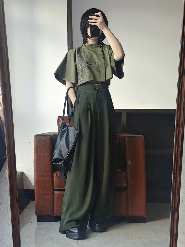 Green Bamboo Embroidered Short Sleeve Top - Feng Hua Gui Guo Ling