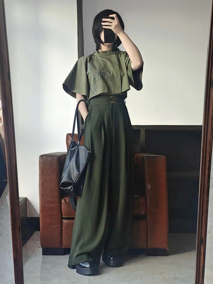 Green Bamboo Embroidered Short Sleeve Top - Feng Hua Gui Guo Ling