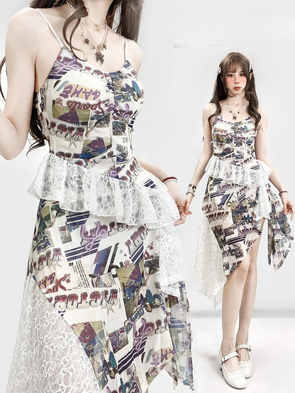 Bittersweet Cami Trim Holiday Flounce Print Letter Dress Lace Hem White Asymmetrical