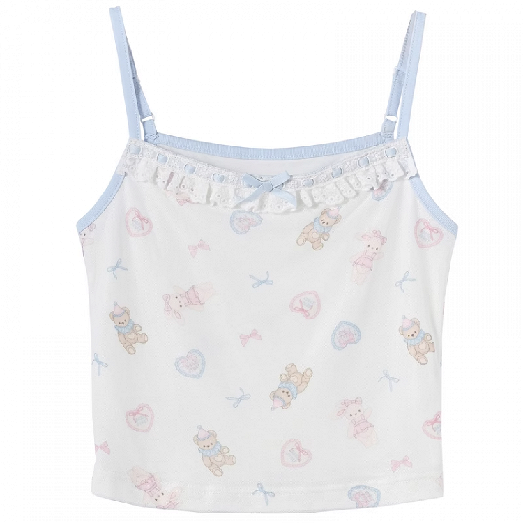 ホワイトレーストリムネックラインクロップド丈キュートベアプリントフリルキャミソールトップス