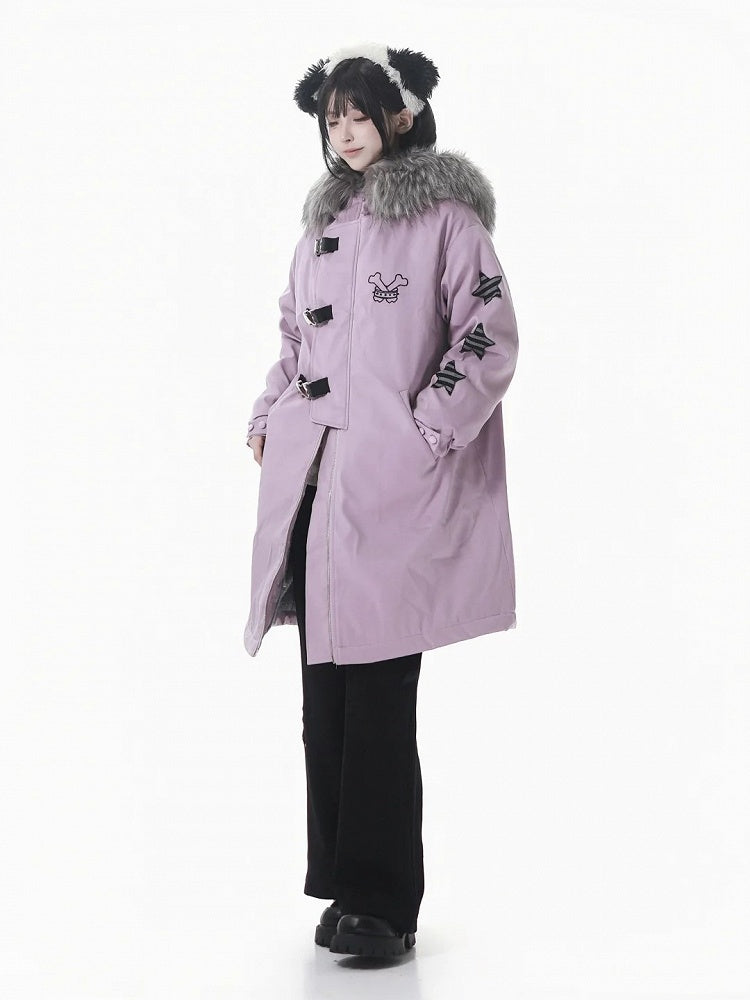 and Cozy Detailing Fleece-Lined Hood Mid with Black/Purple Star Coat Patch Plush Length