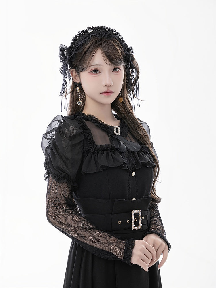 Tie Black Illusion Neckline Juliette Sleeves Jirai Kei Lace Blouse+Bow