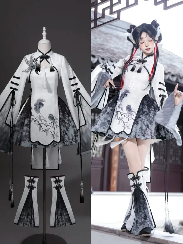 Hanfu-Inspired Plum Blossom Crop Top Set with Tassel Dress, Splatter Skirt, Leg Warmers - Han Ru Chu Hanfu & Han-Element Studi