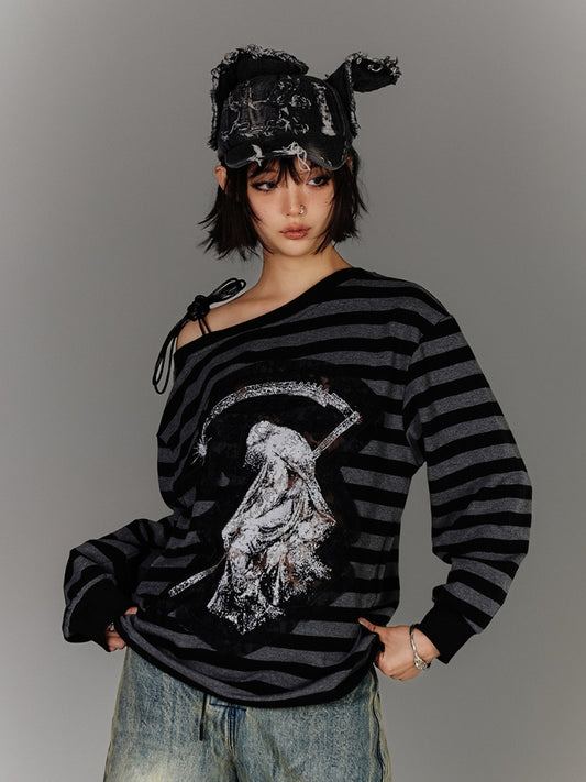 Black  Gray Stripes Applique Design Asymmetrical Neckline Drawstring Punk Top