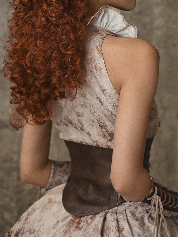 ブラウンのコルセットウエスト、フラウンスネックライン、ノースリーブトップス