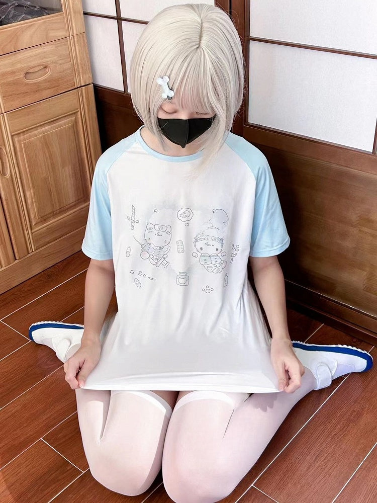 Kaiwai Print Round Kitty T-Shirt Tenshi WeißBlau Hals