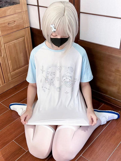 カイワイプリント ラウンドキティTシャツ 天使 ホワイトブルー ネック