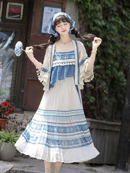 White and Blue Lace Tassel Cardigan with Floral Print Sleeveless Pleated Dress - Han Ru Chu Hanfu &amp; Han-Element Studi