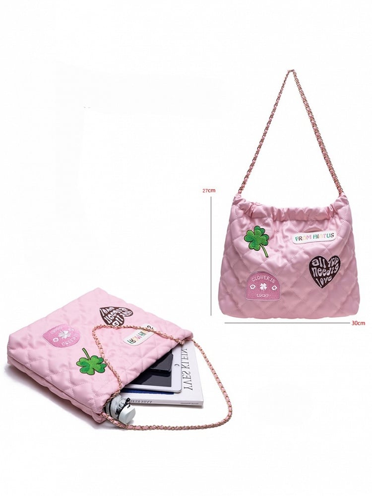 Sweet Pink Diamond Bag With Clover And Letter Embroidery Quilted Drawstring Shoulder