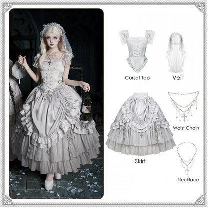 Skirt Silver Necklace Full Top Chain Set Drawstring Lolita - Veil Gothic Corset Head Waist + Boned