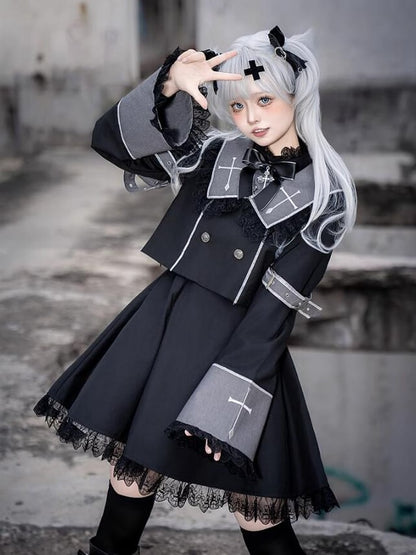 王子ロングスクエアとトップス ブラック ロリータ グレー クロス クロップド 刺繍 カラー スリーブ