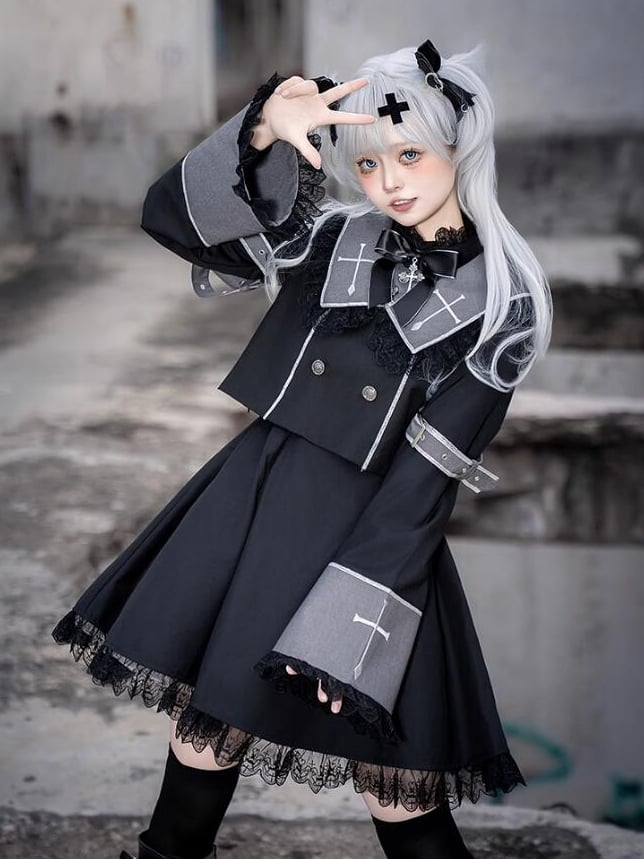 Langärmliges, kurzes, besticktes graues Oberteil und Kragenkreuz Ouji Black Square Lolita
