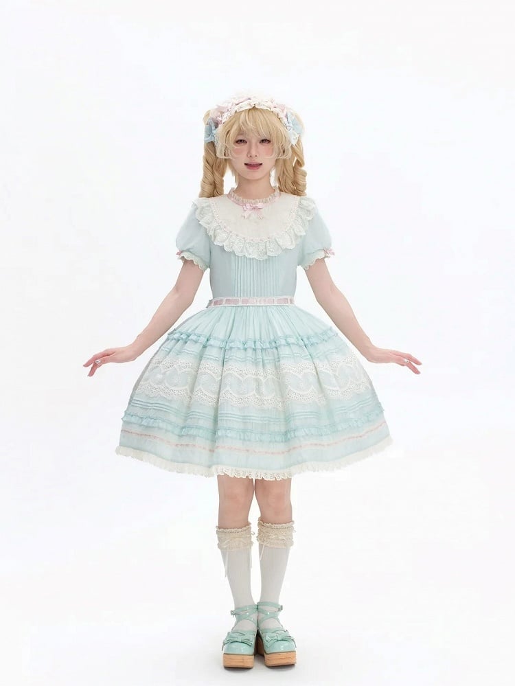 Short Mint Green Puff Sleeve Lace Trim Elegant Lolita Dress - Pumpkin Planet
