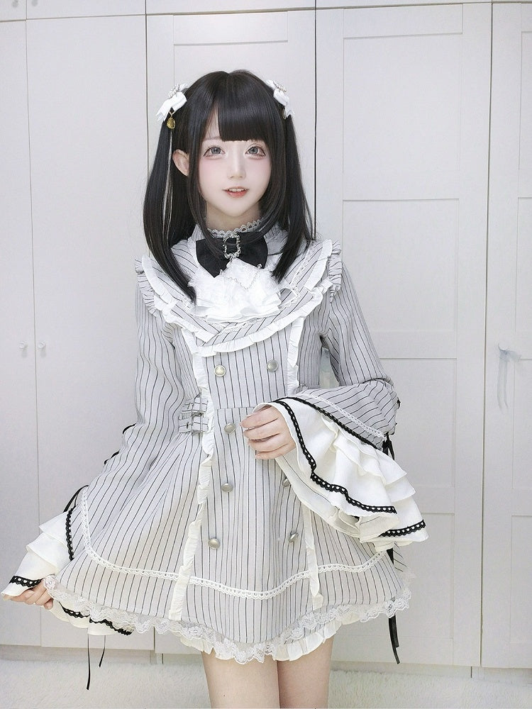 Matching Flounced Grey and Fashion Shorts Dress Flare Sweet with Jabot Sleeves Jirai set Kei