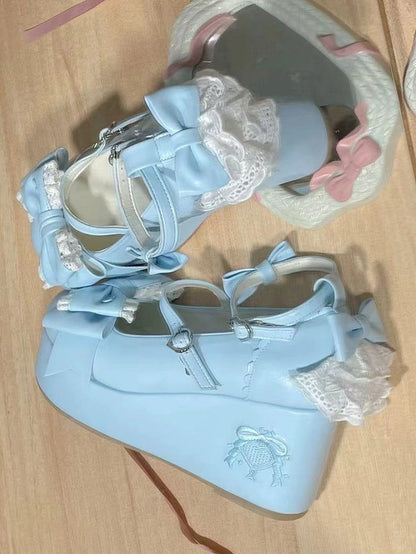- Shoes Bow Back Heel Heart-Shaped Blue Embroidery Buckle Platform Lace Featuring with and Lolita