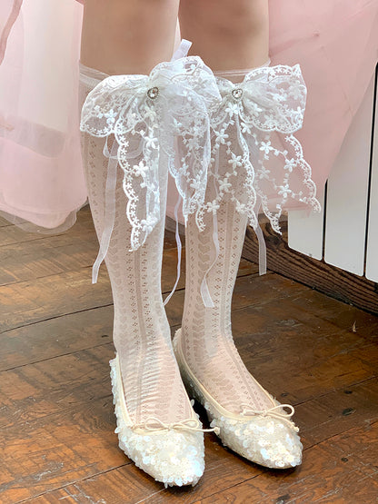 Lace White/Pink/Yellow/Blue Charm With Bowknot Socks Rhinestone