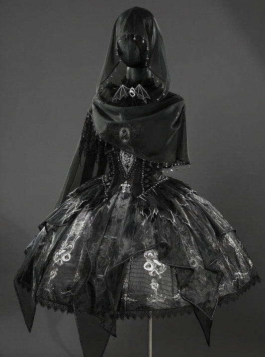 Black & Gray Bone Dragon Embroidery Halter Neck Gothic Lolita Dress Set - Ying Luo Fu