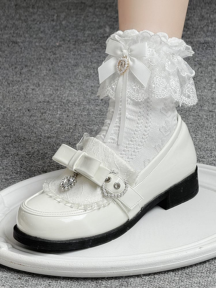 Details Polished Accent White Rhinestone Bow Low-heel PU Heart