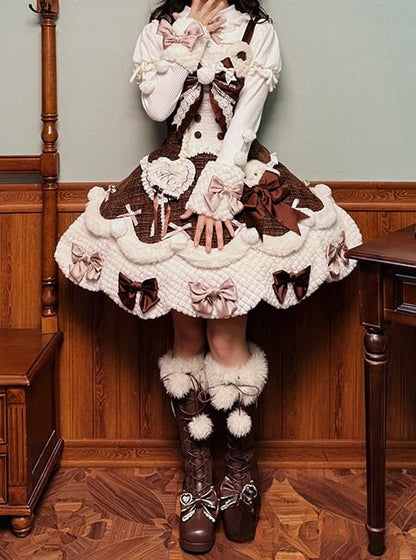 Applikationen Süßes Plüsch Herzchen und Akzente mit Braunen Details Schleife Kleid Lolita Weiß