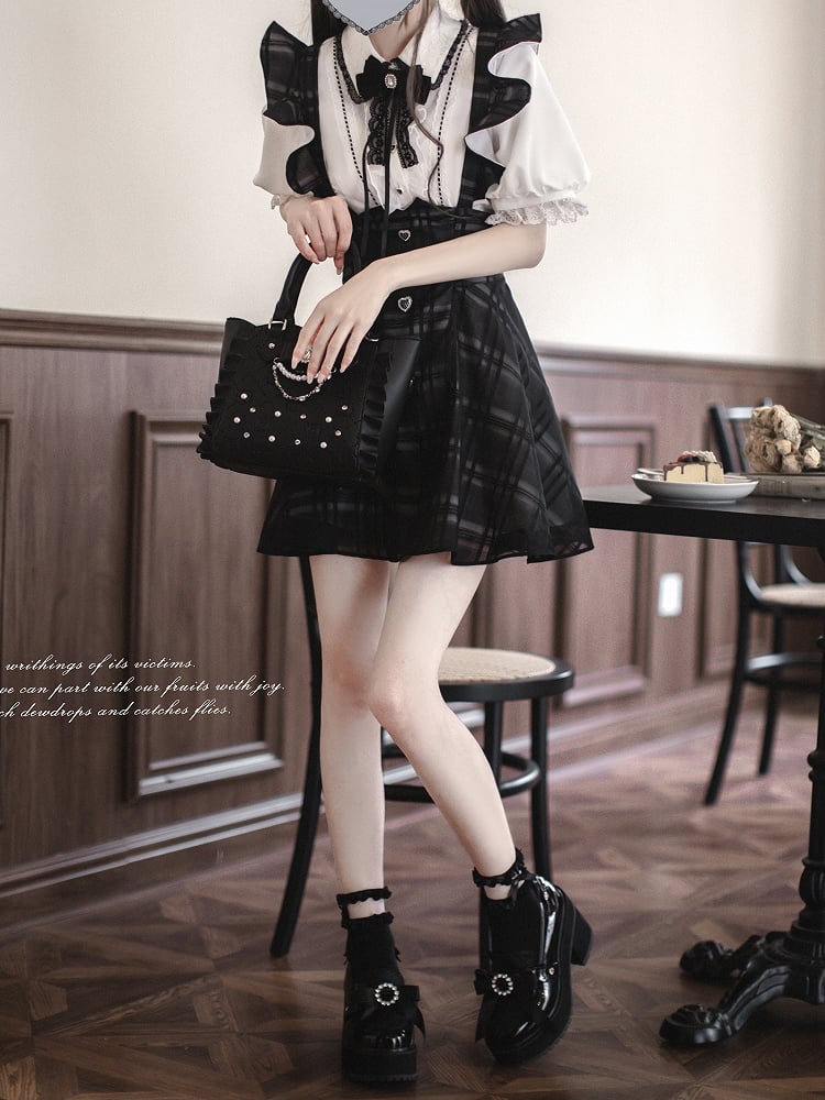 with Flutter Sleeves Waist Black Plaid Overall Dress Short Version Jirai Kei High