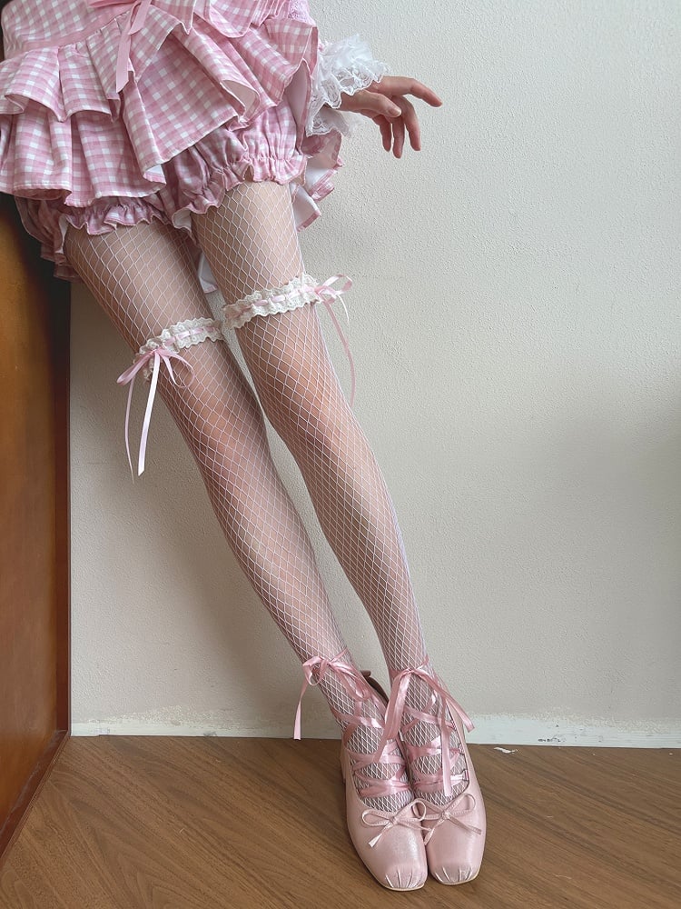 Pink/Blue Fishnet Details Trim Tights Bowknot Lace