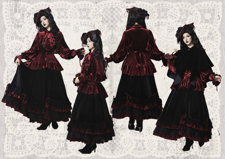 Gothic Lolita Layered Ruffle Hem Velvet Skirt Drawstring Design - Evégie