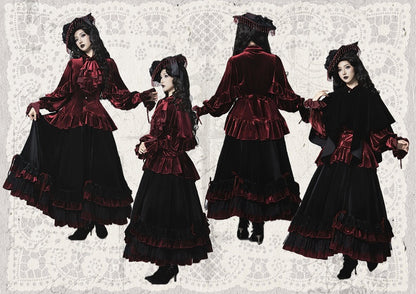 Gothic Lolita Layered Ruffle Hem Velvet Skirt Drawstring Design - Evégie