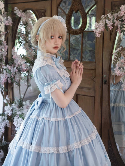 Dress Cotton Old Sleeves Edward Blue Neck Short Lolita OP Set School