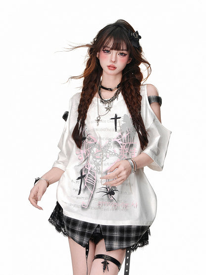 Rebel Hunter Butterfly and Spider Cutout Shoulder Plaid Patchwork Hem Black/White T-Shirt