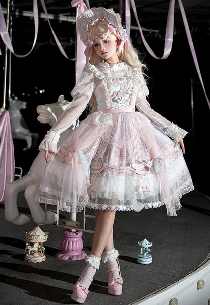 ピンクとブルーのカーテンチュールオーバーレイフライングホーススカートロリータジャンパースカート