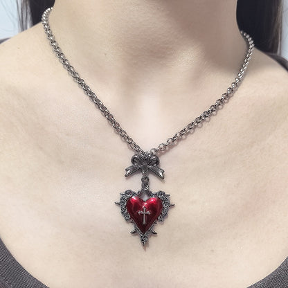 Schleife Halskette Y2K Rotes Kreuz Burgund Herz Schlüsselanhänger/Rot