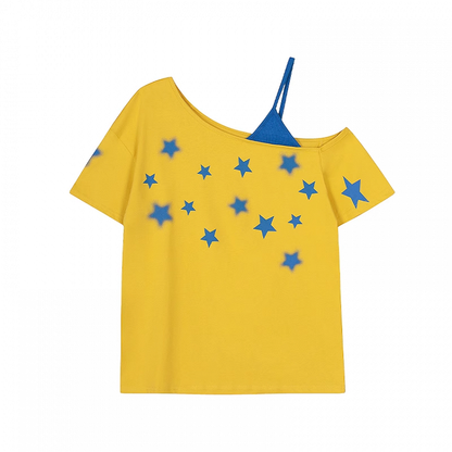 スターフェイクアシンメトリーTシャツ ブループリント ネックライン イエロー