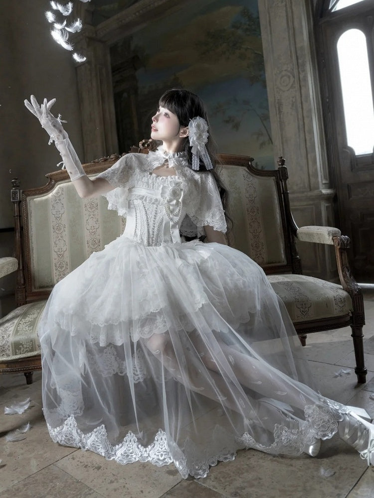 Snow Theme White Loli Dress Set with Cape and Overlay - Airfreeing